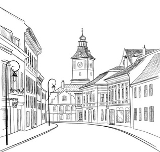 旧城景.中世纪欧洲城堡风景.手绘素描照片