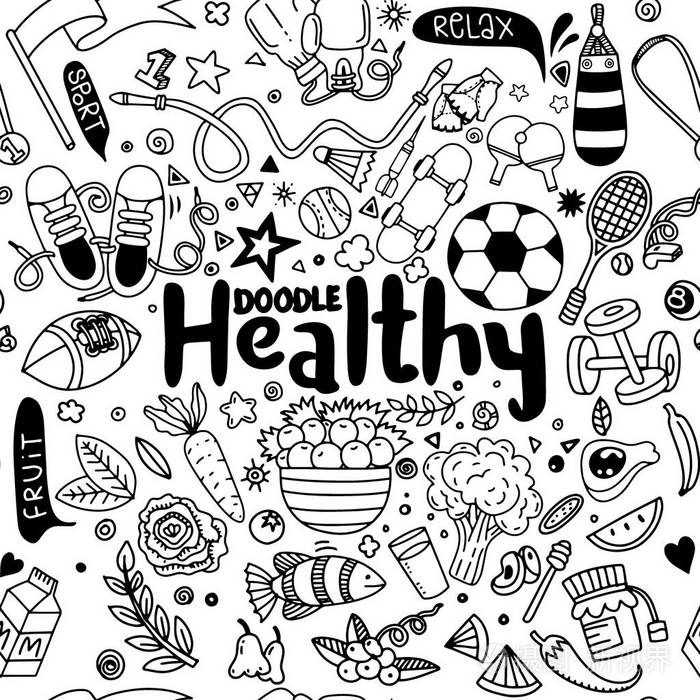 健康的生活方式概念, 手绘矢量插图集