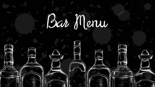 酒精集 威士忌 杜松子酒，龙舌兰酒 朗姆酒。黑板风格复古插画的栏菜单