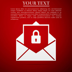 在红色背景上隔离的安全邮件图标。邮寄信封锁与挂锁。平面设计。矢量插图
