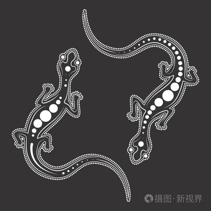 矢量蜥蜴。原住民艺术蜥蜴插图, 黑白蜥蜴艺术