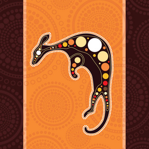土著艺术矢量绘画与袋鼠。基于景观点背景的原住民风格插图