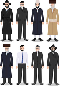 一整套不同的常设犹太古老而又年轻男子在孤立在平面样式中的白色背景上的传统服装。以色列人的差异中的民族服饰。矢量图