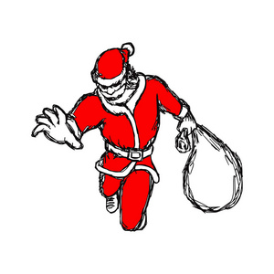 圣诞老人跳跃与袋子矢量插图素描手绘制黑色线, 孤立的白色背景