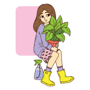 女孩与盆栽植物