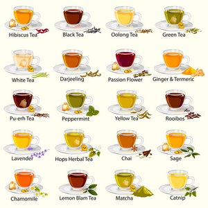 不同种类的中草药和药用茶