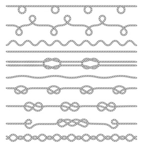 用于画笔的矢量轮廓绳索图案集。带节线的边框或框架用绳索