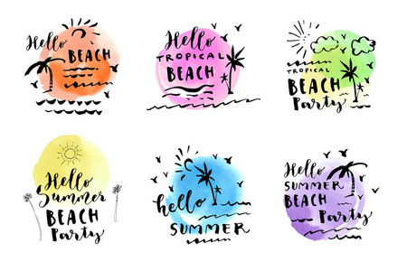 彩色水彩斑点手绘夏日沙滩派对贺卡的矢量集