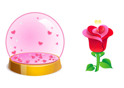 魔法水晶浪漫的球里面和玫瑰的心。情人节矢量插画