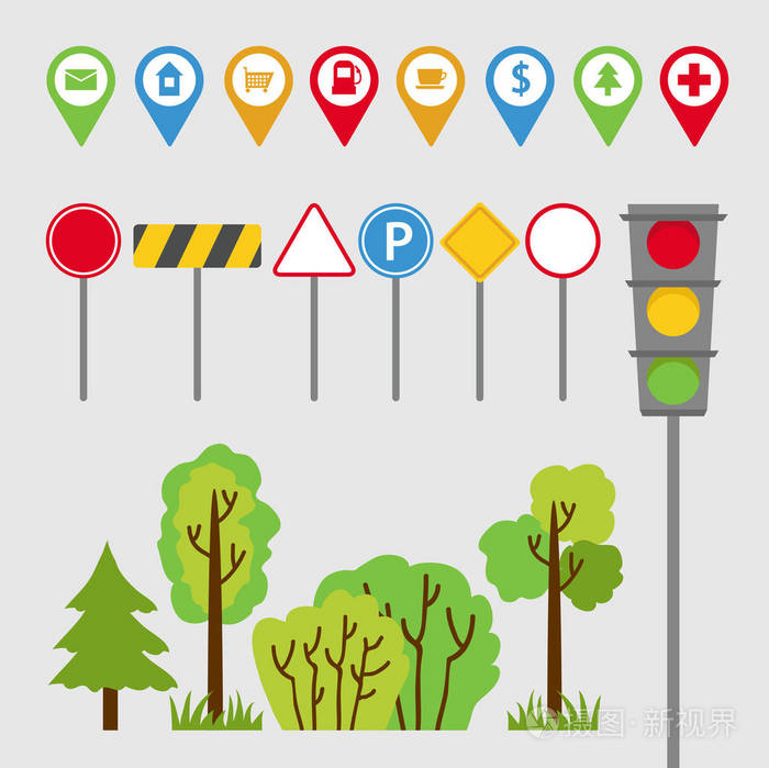 交通设施, 路标, 标志, 交通灯, 树木和灌木.汽车旅行.矢量插图