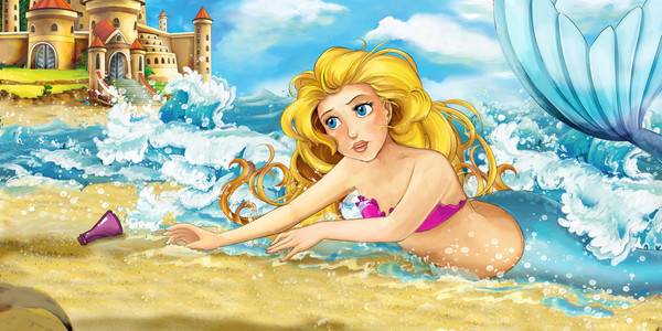 卡通海洋和美人鱼在海岸上的城堡