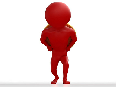 3d 小红人拖着一个沉重的金币硬币孤立的白色背景.3d 渲染照片