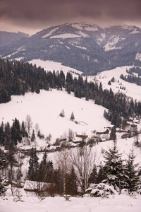 冬天山村庄风景与雪和房子