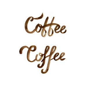 手刻字徽标在白色背景上的绘制棕色咖啡