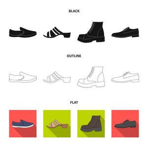 一组在各种鞋上的图标。不同的鞋单图标黑色, 平面, 轮廓样式矢量网络符号股票插图