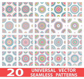 20 普遍不同矢量无缝模式 平铺。无休止的纹理可以用于壁纸，图案填充，web 页面背景，表面纹理。设置现代设计装饰