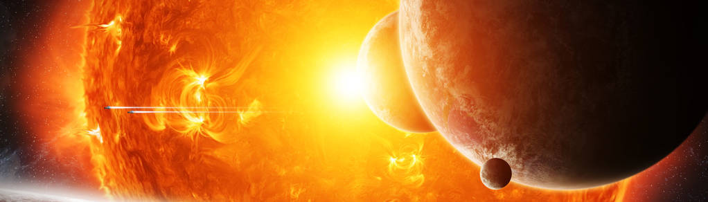 在靠近行星3d 渲染元素的空间中爆炸太阳