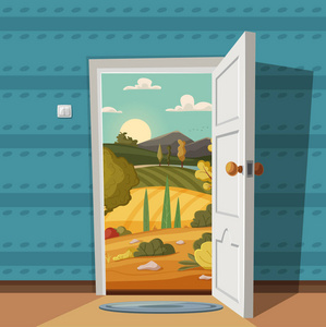 山谷卡通开门.山谷景观.卡通矢量插画.老式海报.欢迎来到夏日照片