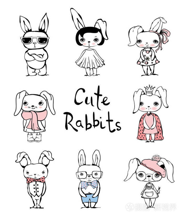 可爱的兔子的手绘设计完美的儿童卡, 横幅, 贴纸和其他孩子的东西