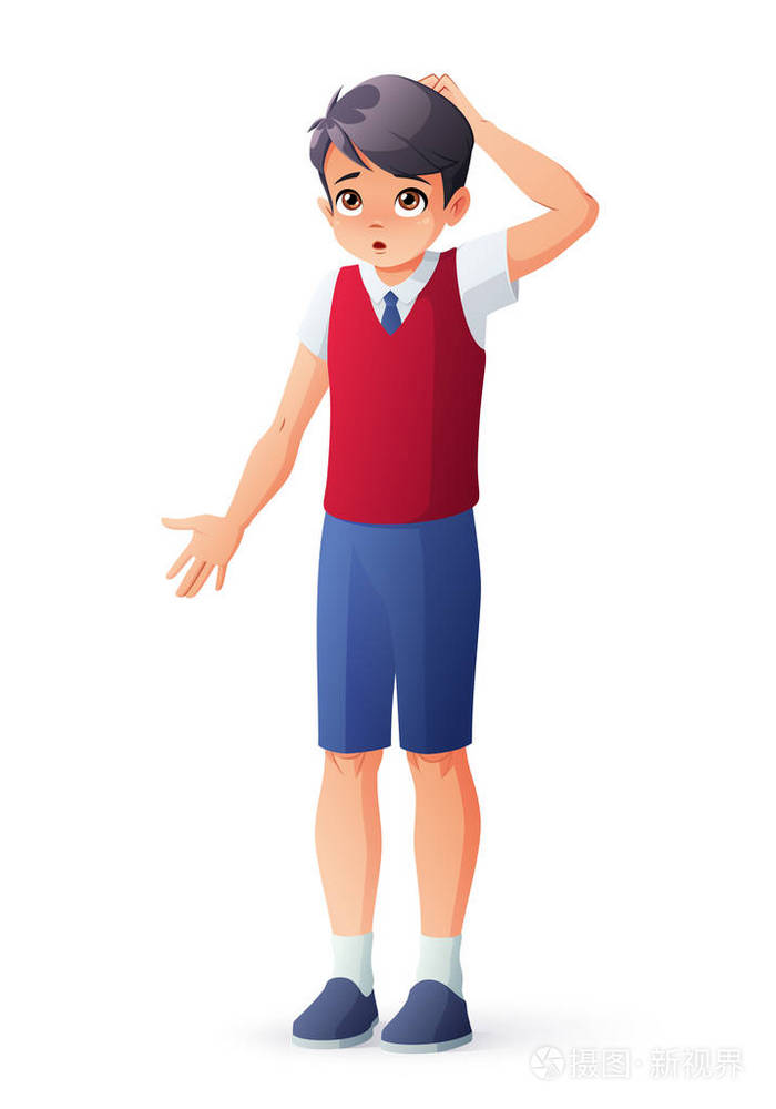 穿着校服的男孩抓着他的头.孤立向量插图