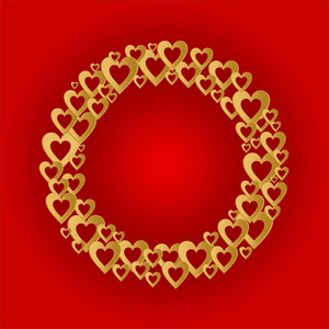 情人节礼物红色背景与暗金色圆形与金戒指心组成。爱好者和母亲节的问候
