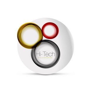 圈子网布局数字技术球形网页横幅, 按钮或图标以文本。有光泽的漩涡颜色抽象圆圈设计, 高科技未来标志与色环和灰色金属元素