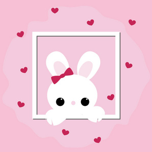 粉红色的背景上的窗口框架中的可爱贺卡兔子