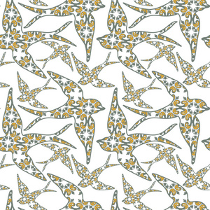 Traditionall 葡萄牙燕子和 azulejo 瓷砖背景。在向量中的无缝的葡萄牙图标背景图案。春天的小燕子鸟无缝模式
