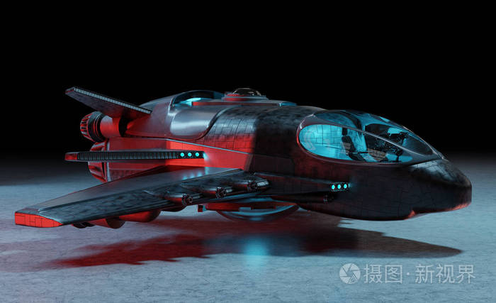 在暗背景3d 渲染中孤立的未来太空飞船
