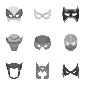 超级英雄的面具在单色样式中设置图标。超级英雄面具矢量符号股票图大集合