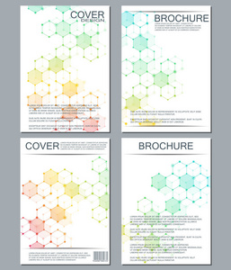 小册子 传单 封面杂志在 A4 大小的业务模板集。结构的 Dna 分子和神经元。几何抽象背景。医疗 科学 技术。可缩放矢