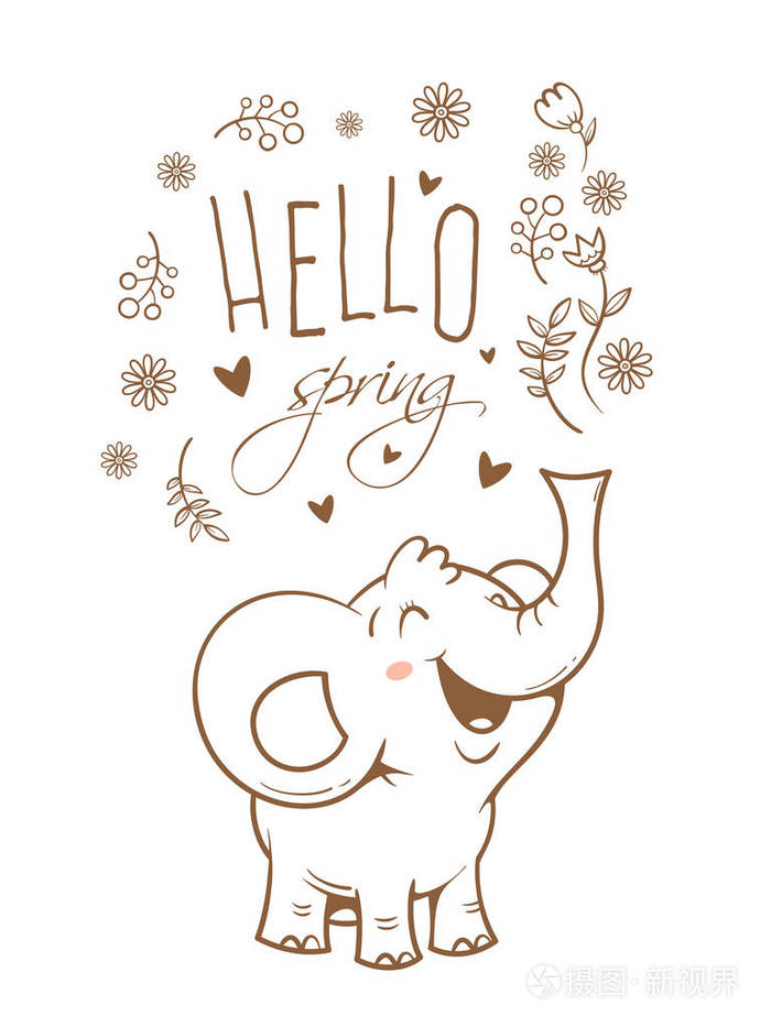 春季时间.矢量轮廓图像无填充.小乔伊滑稽的非洲动物