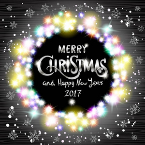矢量圣诞快乐，快乐新的一年 2017年。艺术为圣诞节节日贺卡设计发光的白色圣诞灯花环。木制手绘背景