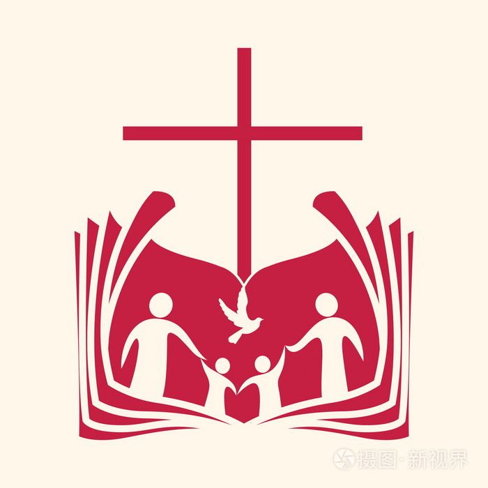 教会的标志.家庭,打开圣经, 十字架和鸽子圣灵