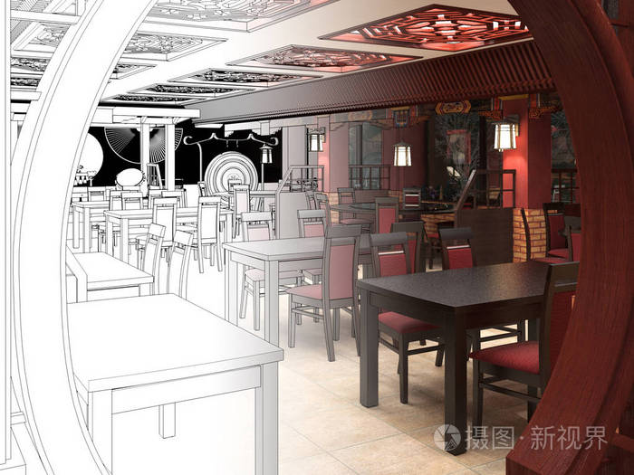 渲染中式餐厅室内设计的黑白素描