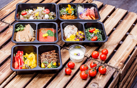 健康的食物和饮食概念,餐厅菜交货照片