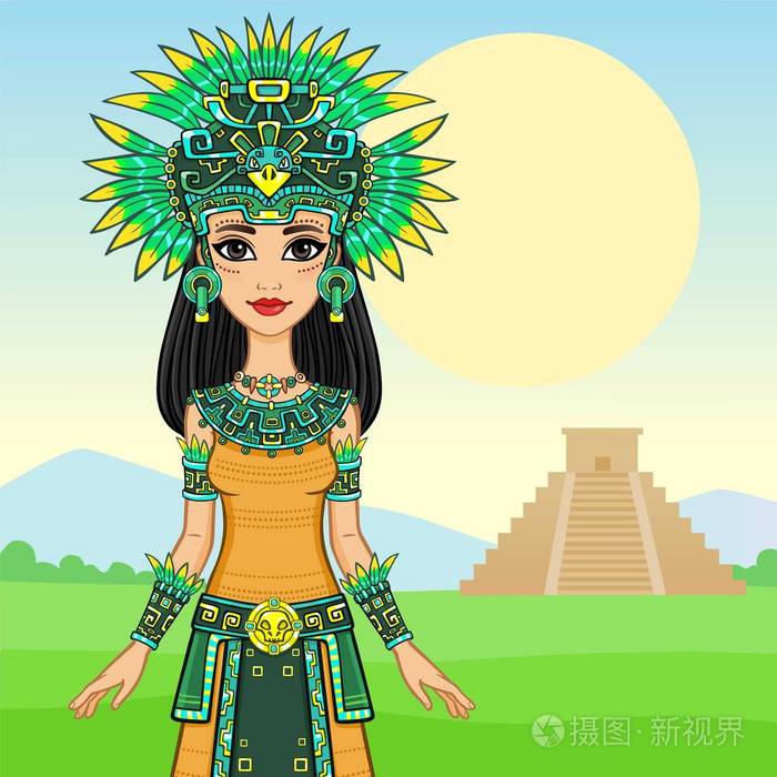 这个美丽的女孩穿着美国土著印第安人的动画肖像.