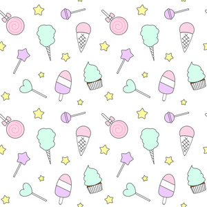 可爱的卡通炫彩无缝矢量模式与糖果 冰淇淋 棒棒糖和棉花糖