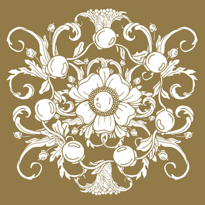 金复古巴洛克式装饰复古古色古香的风格的针叶花。装饰设计元素丝状向量。手绘例证