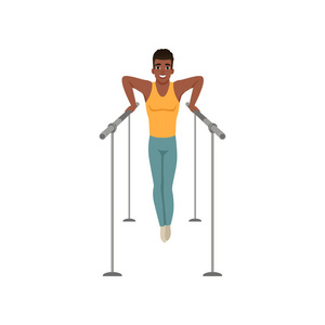 年轻的体操运动员在双杠上表演.卡通人物的职业运动员.奥林匹克运动.