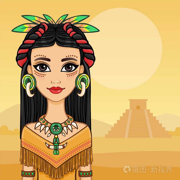 这个美丽的女孩穿着美国土著印第安人的动画肖像.