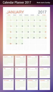 2017 年的日历计划模板。周从星期日开始。在页上的 3 个月。组的 12 个月。注意到的地方。文具设计。矢量日历模板