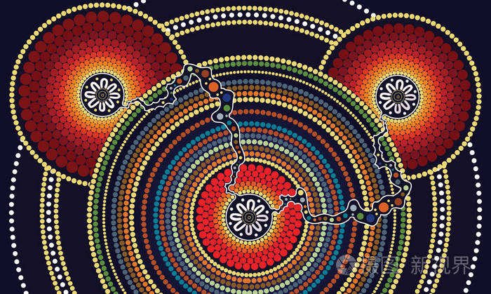 土著艺术矢量绘画, 连接概念, 基于土著风格的点背景-矢量插图插图