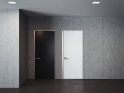 黑白门现代明亮的房间与灰色墙壁, 黑白门, 3d 渲染照片