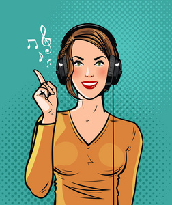 听插画美丽的女孩在耳机听音乐.流行艺术复古喜剧风格.