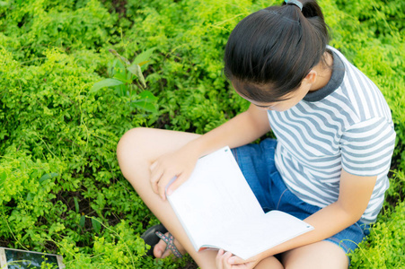 小女孩阅读在绿色的草甸乡村自然黄昏轻复古风格