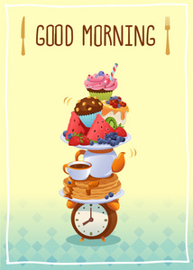 早餐海报早安用鸡蛋 咖啡 水果和杯