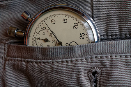 秒表, 在灰色牛仔口袋与制表符, 值测量时间, 老时钟箭头分钟, 第二精确度计时器纪录
