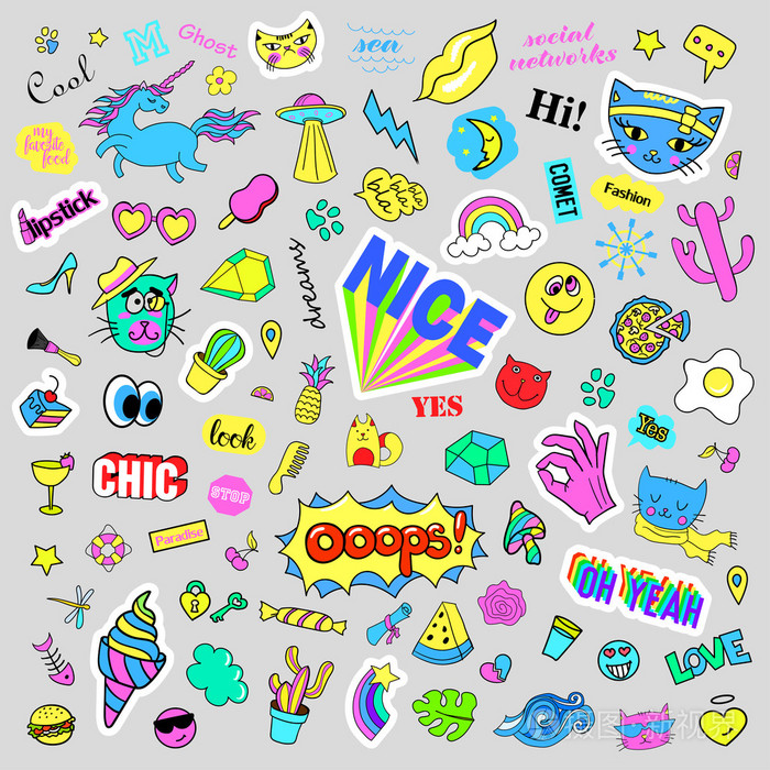 时尚古怪卡通涂鸦补丁徽章与可爱的元素.孤立的向量.