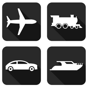 类型的运输。飞机，火车，汽车，船平图标与长长的影子